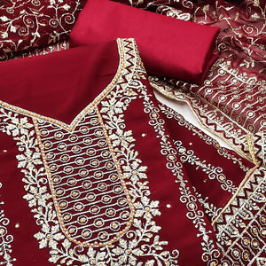 Maroon Floral Embroidered Georgette Dress Material