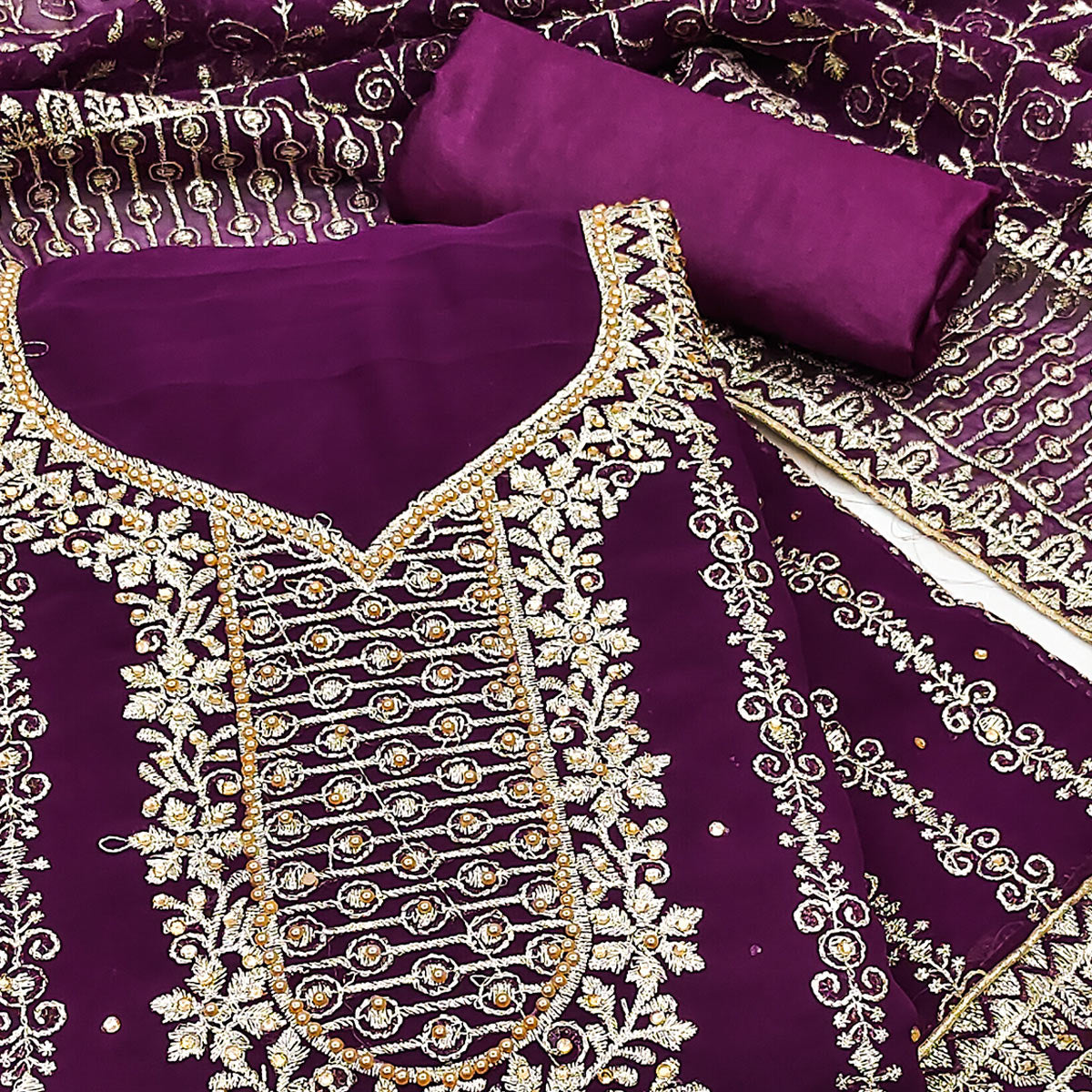 Wine Floral Embroidered Georgette Dress Material