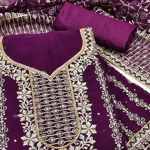 Wine Floral Embroidered Georgette Dress Material