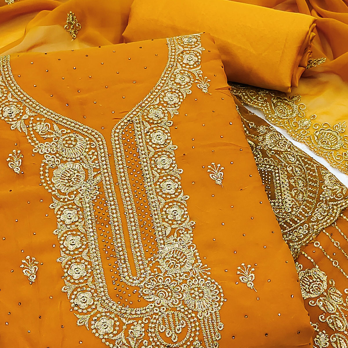 Mustard Embroidered With Swarovski Work Georgette Dress Material