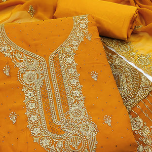Mustard Embroidered With Swarovski Work Georgette Dress Material