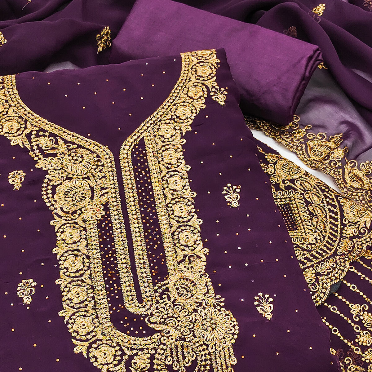 Wine Embroidered With Swarovski Work Georgette Dress Material