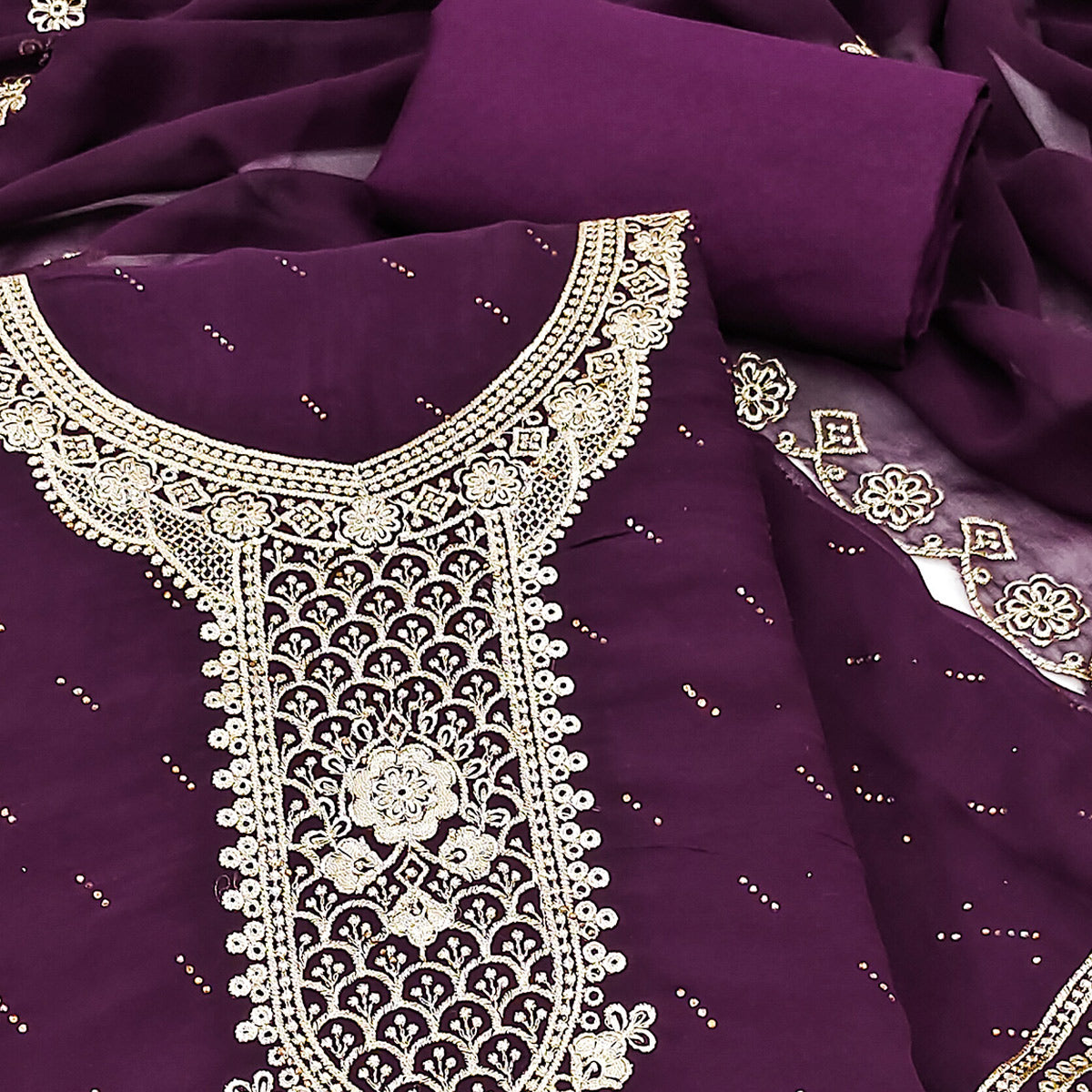 Wine Floral Embroidered With Swarovski Work Georgette Dress Material
