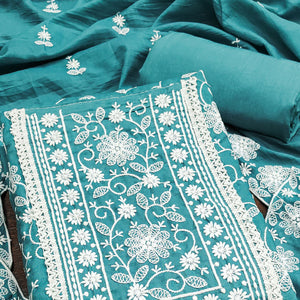 Blue Floral Embroidered Art Silk Dress Material