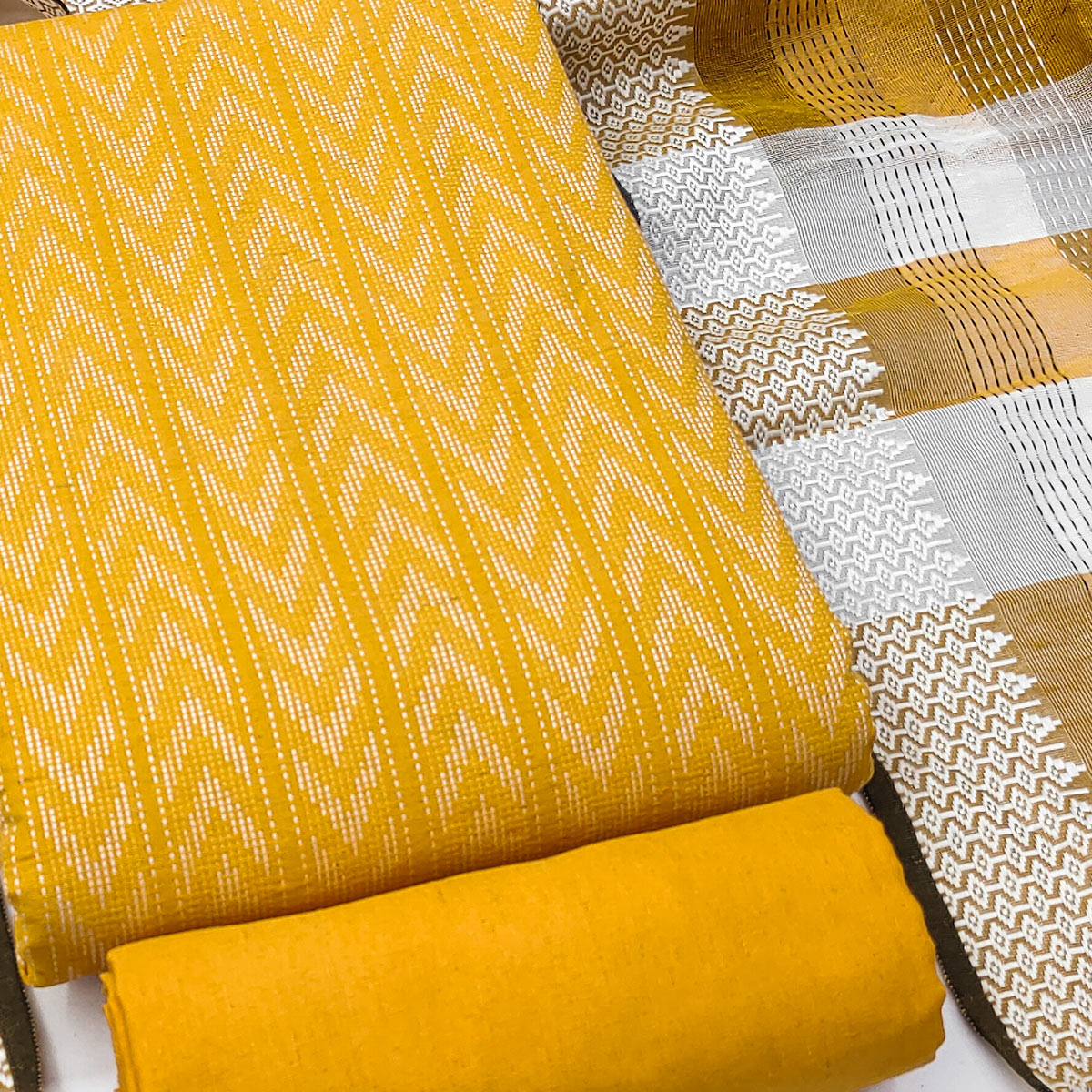 Make a Statement With Mustard Chevron Woven Pattern Cotton Blend Dress Material