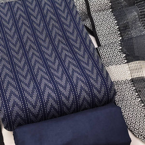 Redefine Elegance With This Navy Blue Chevron Woven Pattern Cotton Blend Dress Material