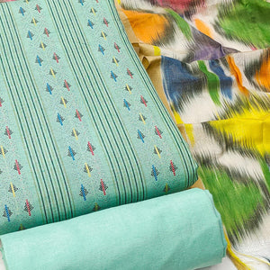 Make a Statement With Turquoise Woven Cotton Blend Dress Material