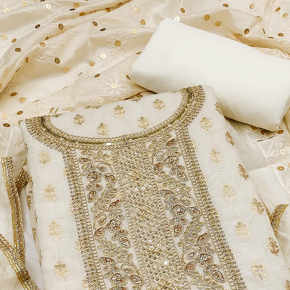 Experience Sheer Luxury Cream Floral Cording Zari Embroidered Chanderi Dress Material