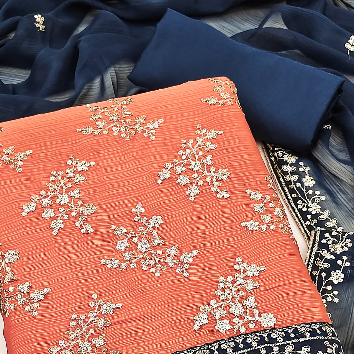 The Perfect Blend Of Grace Orange Floral Sequins Embroidered Zomoto Art Silk Dress Material