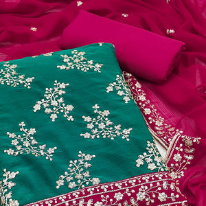 Unleash Your Style With This Rama Green Floral Sequins Embroidered Zomoto Art Silk Dress Material