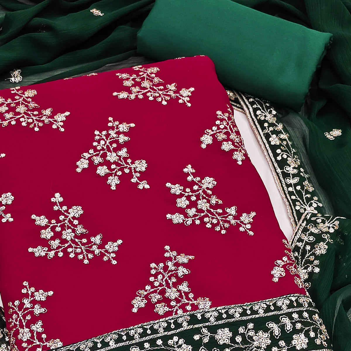 The Perfect Blend Of Grace Red Floral Sequins Embroidered Zomoto Art Silk Dress Material