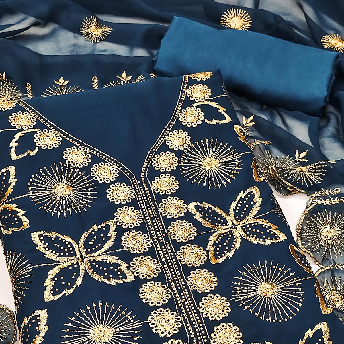 Blue Georgette Dress Material Featuring Delicate Floral Zari Embroidery