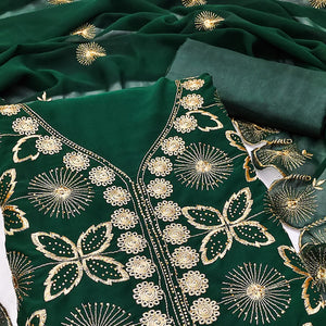 Green Georgette Dress Material Featuring Delicate Floral Zari Embroidery