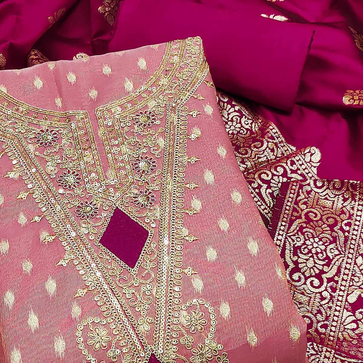 Gajari Pink Woven Banarasi Silk Dress Material With Intricate Cording & Sequin Embellishments