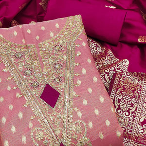 Gajari Pink Woven Banarasi Silk Dress Material With Intricate Cording & Sequin Embellishments