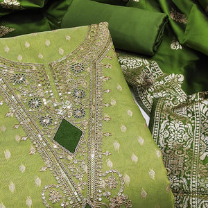 Green Woven Banarasi Silk Dress Material With Intricate Cording & Sequin Embellishments