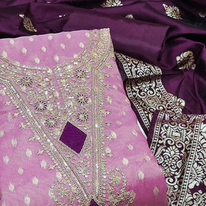 Purple Woven Banarasi Silk Dress Material With Intricate Cording & Sequin Embellishments