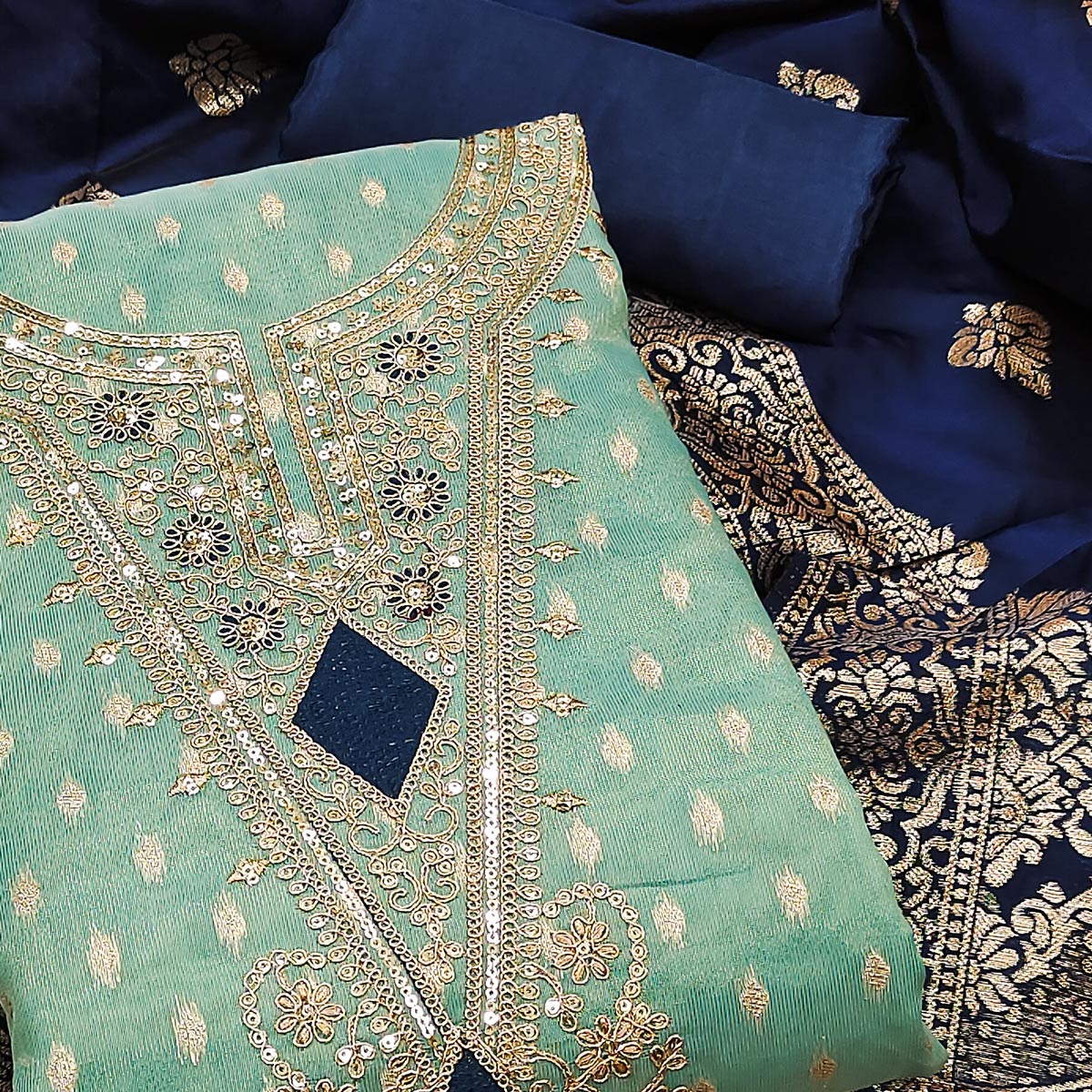 Turquoise Woven Banarasi Silk Dress Material With Intricate Cording & Sequin Embellishments