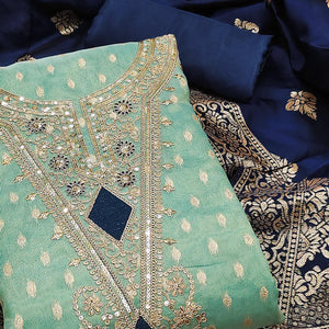 Turquoise Woven Banarasi Silk Dress Material With Intricate Cording & Sequin Embellishments