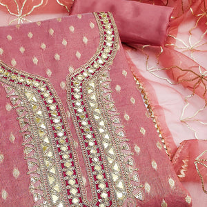 Gajari Pink Woven Shimmer Silk Dress Material Adorned With Sequins & Gota Patti Work