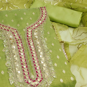 Green Woven Shimmer Silk Dress Material Adorned With Sequins & Gota Patti Work