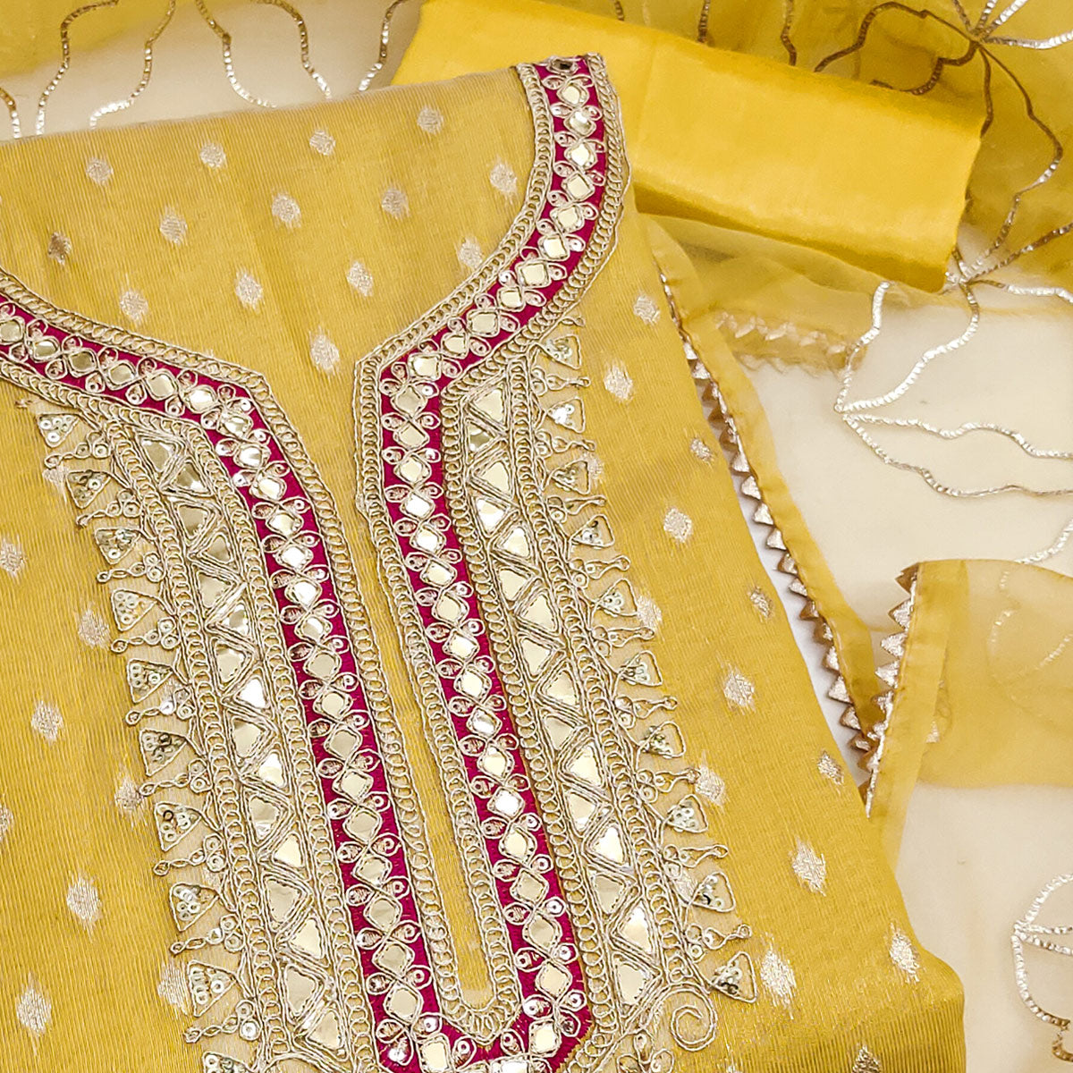 Yellow Woven Shimmer Silk Dress Material Adorned With Sequins & Gota Patti Work