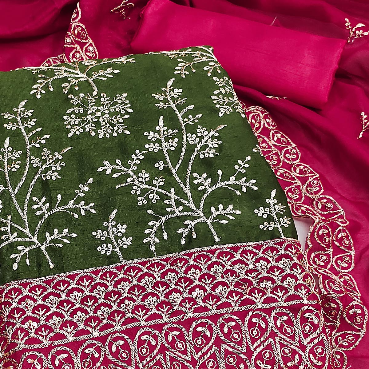 Mehendi Green Vichitra Silk Dress Material With Exquisite Sequins & Zari Embroidery