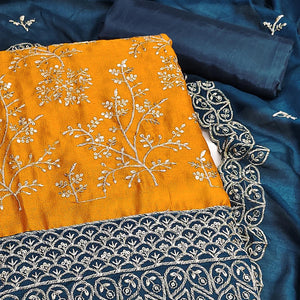 Mustard Vichitra Silk Dress Material With Exquisite Sequins & Zari Embroidery