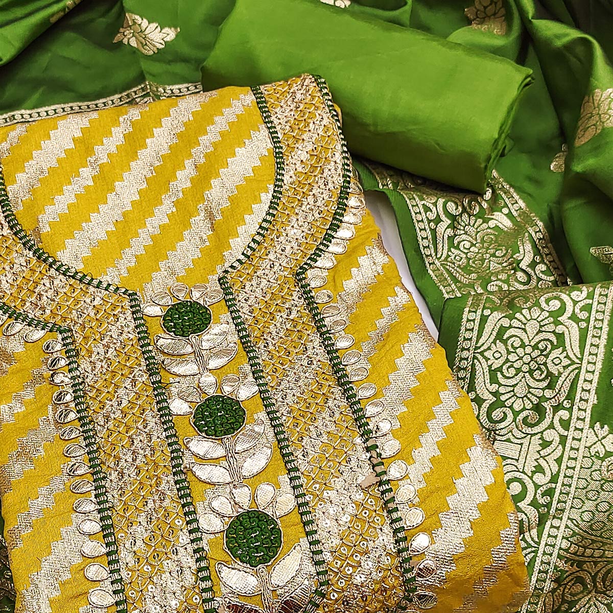 Mustard Woven With Sequins Embroidery & Gota Patti Work Banarasi Silk Dress Material