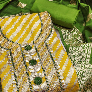 Mustard Woven With Sequins Embroidery & Gota Patti Work Banarasi Silk Dress Material