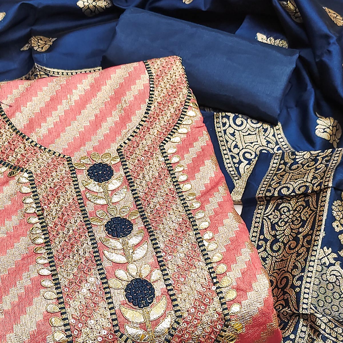 Peach Woven With Sequins Embroidery & Gota Patti Work Banarasi Silk Dress Material