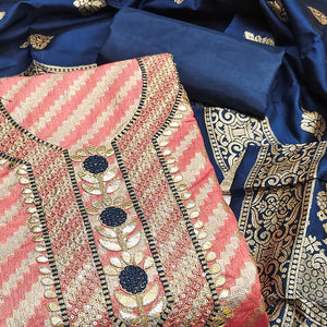 Peach Woven With Sequins Embroidery & Gota Patti Work Banarasi Silk Dress Material