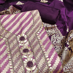 Purple Woven With Sequins Embroidery & Gota Patti Work Banarasi Silk Dress Material