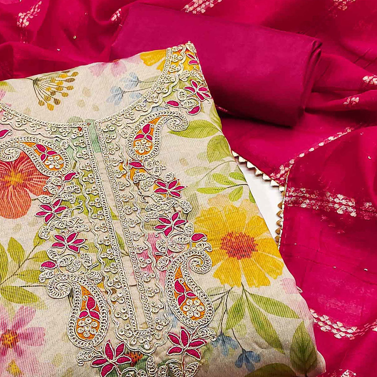 Chikoo Shimmer Silk Dress Material With Floral Digital Print & Sequins Embroidery