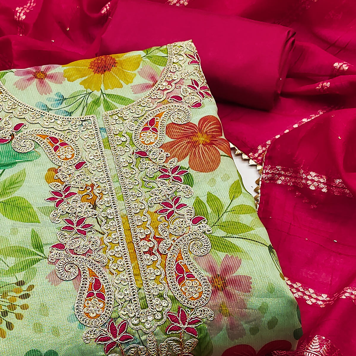 Green Shimmer Silk Dress Material With Floral Digital Print & Sequins Embroidery