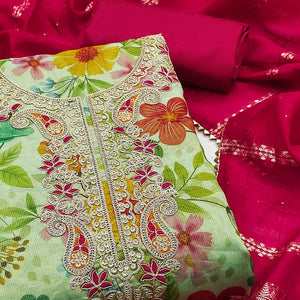 Green Shimmer Silk Dress Material With Floral Digital Print & Sequins Embroidery