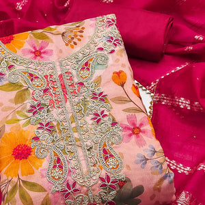 Pink Shimmer Silk Dress Material With Floral Digital Print & Sequins Embroidery