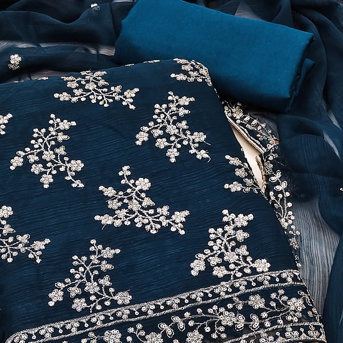 Blue Zomato Art Silk Dress Material Adorned With Floral Sequins Embroidery