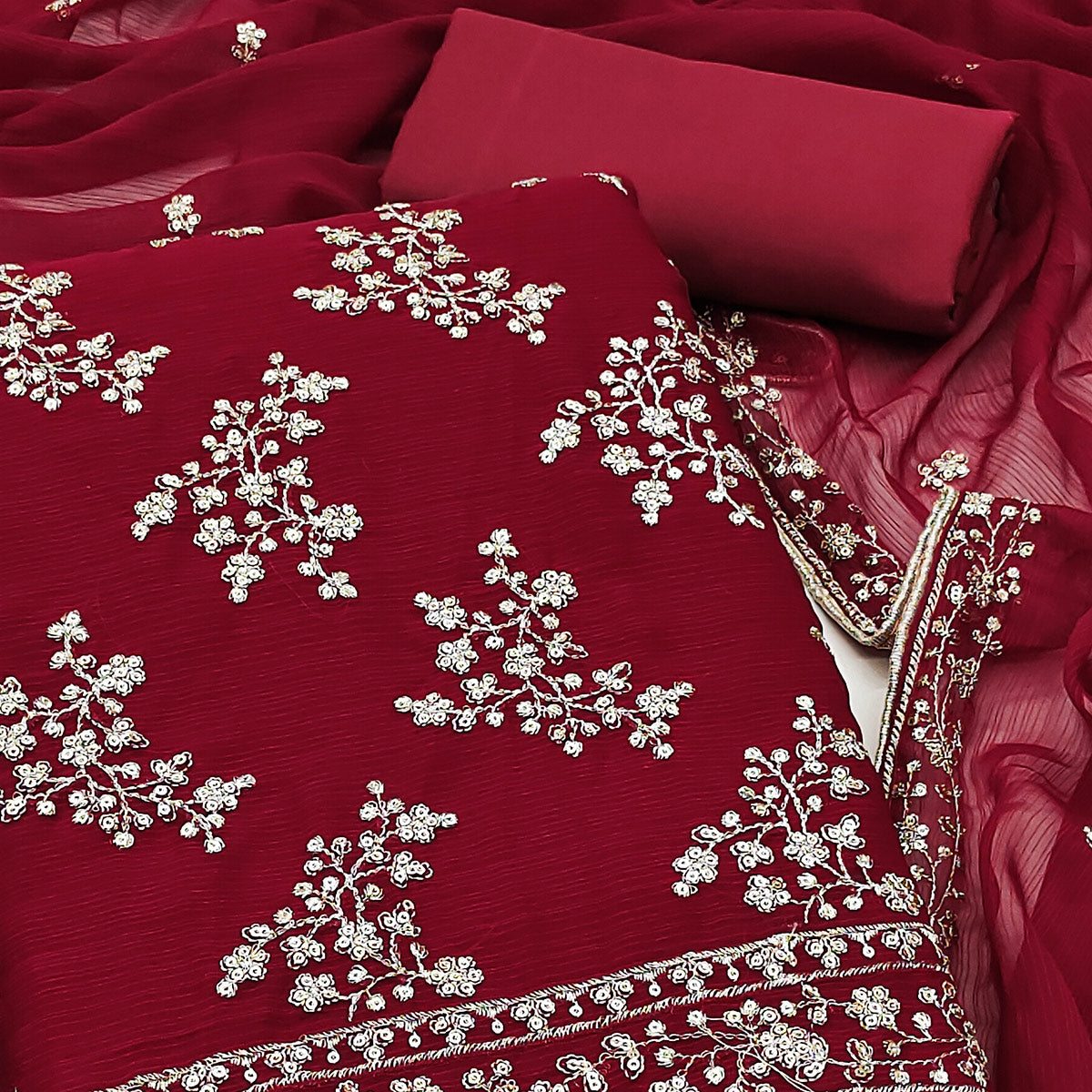 Maroon Zomato Art Silk Dress Material Adorned With Floral Sequins Embroidery