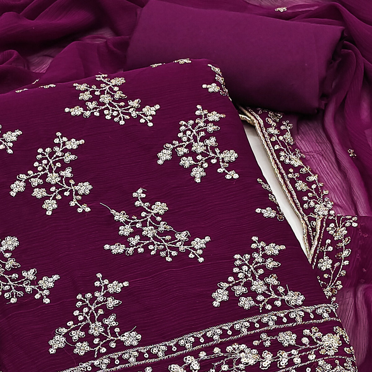 Wine Zomato Art Silk Dress Material Adorned With Floral Sequins Embroidery