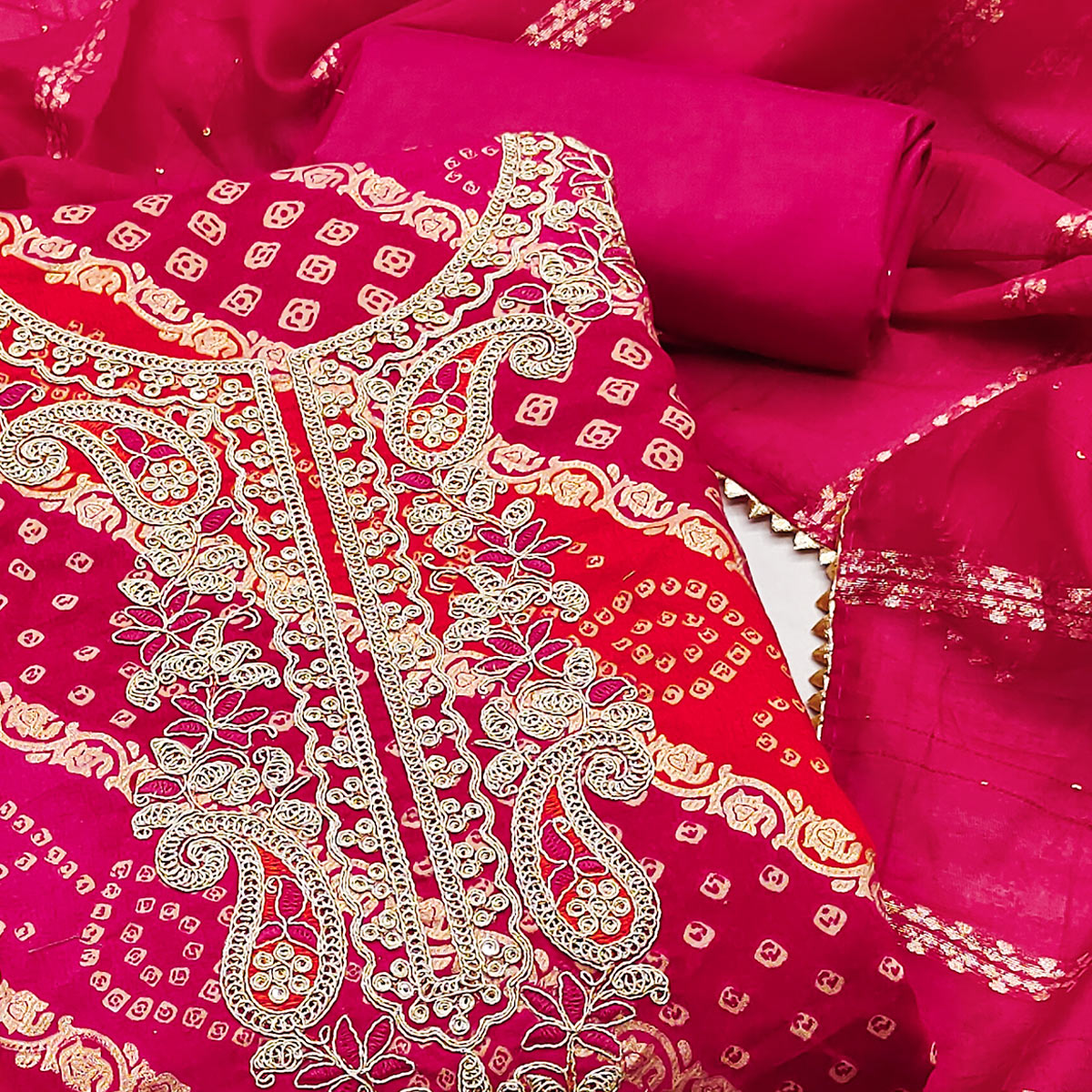 Rani Pink Bandhani Printed With Cording Sequins Emboridery Chanderi Silk Dress Material
