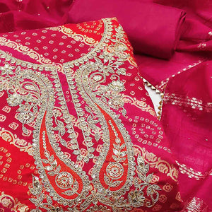 Rani Pink Bandhani Printed With Cording Sequins Emboridery Chanderi Silk Dress Material