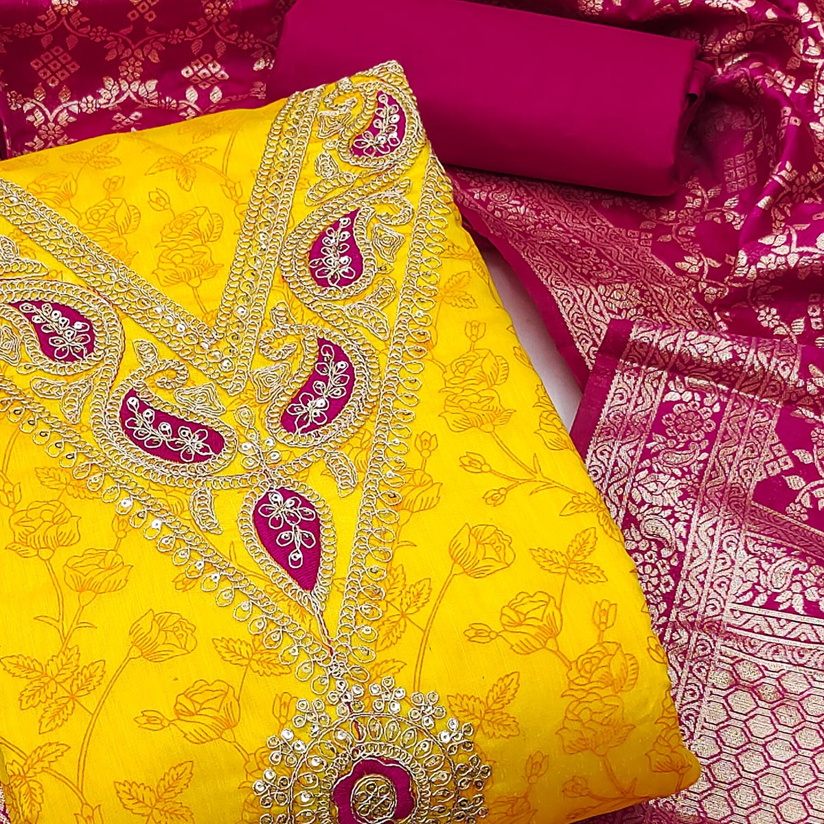 Yellow Floral Printed With Cording Sequins Embroidery Chanderi Silk Dress Material