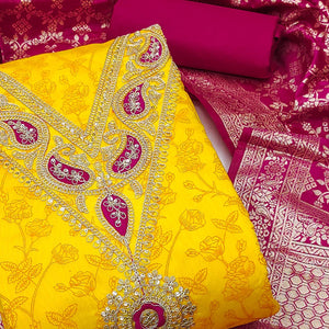 Yellow Floral Printed With Cording Sequins Embroidery Chanderi Silk Dress Material