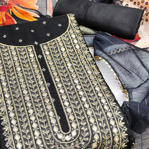 Black Woven With Cording Sequins Embroidered Chanderi Silk Dress Material