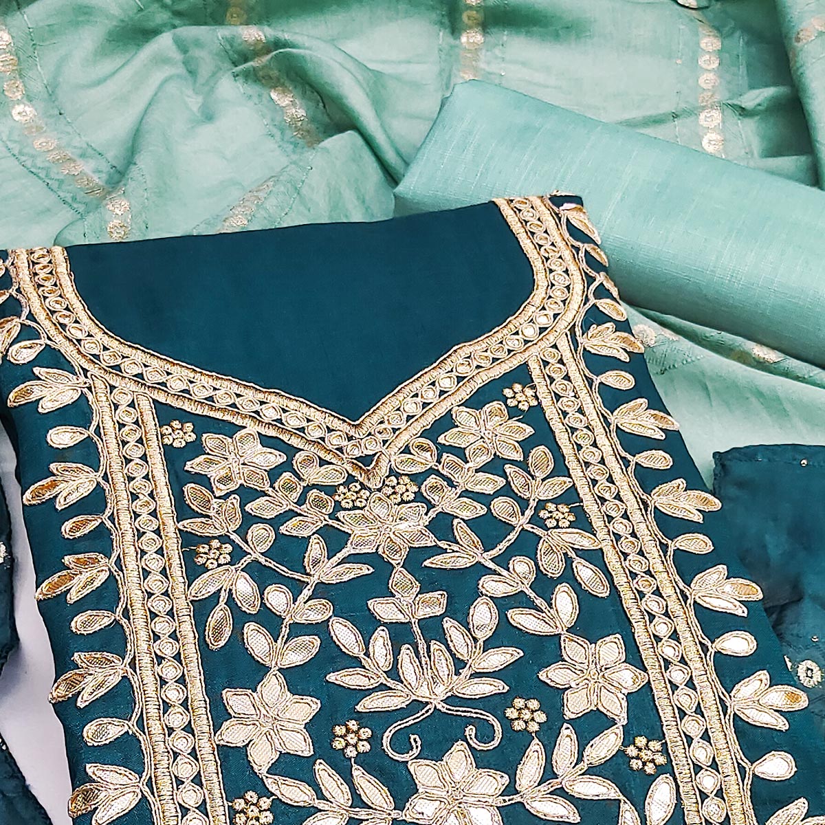 Morpich Blue Vichitra Silk Dress Material With Exquisite Floral Embroidery & Gota Patti Accents