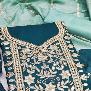 Morpich Blue Vichitra Silk Dress Material With Exquisite Floral Embroidery & Gota Patti Accents