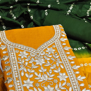 Mustard Vichitra Silk Dress Material With Exquisite Floral Embroidery & Gota Patti Accents