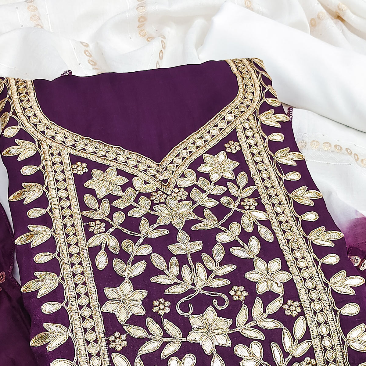 Wine Vichitra Silk Dress Material With Exquisite Floral Embroidery & Gota Patti Accents