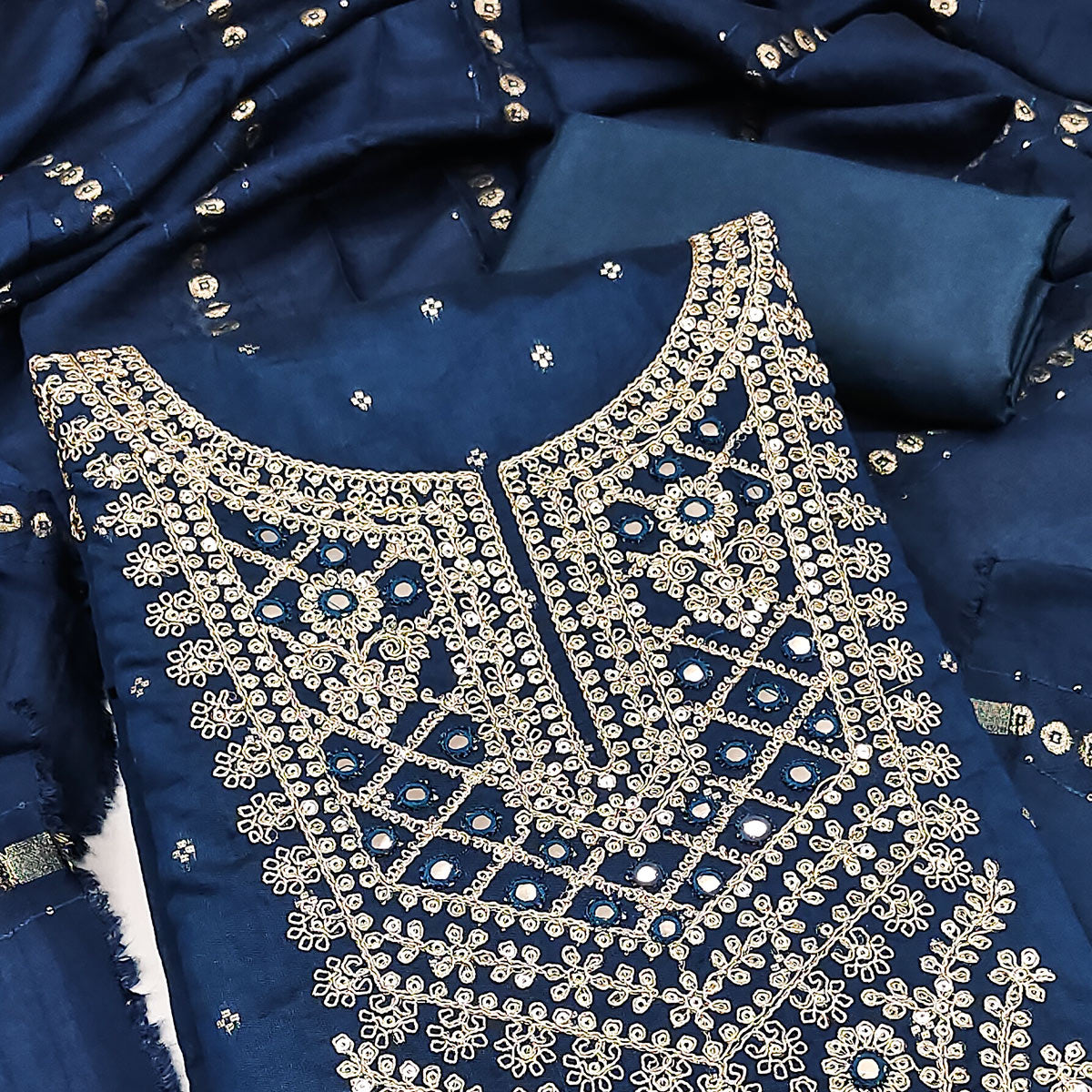 Blue Chanderi Silk Dress Material With Intricate Floral Sequins Embroidery & Butti Work